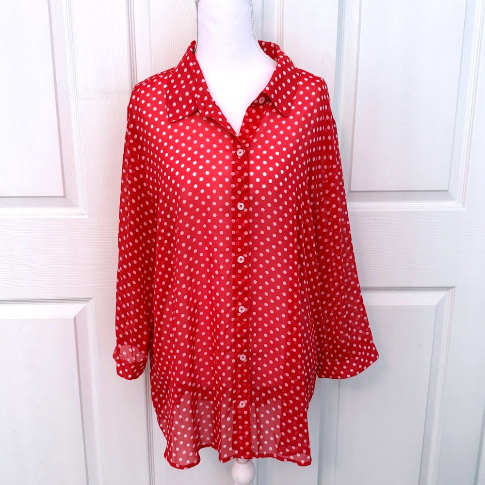 Susan Graver Button Down Shirt Womens L Coral Polka Dot Sheer Chiffon Oversized